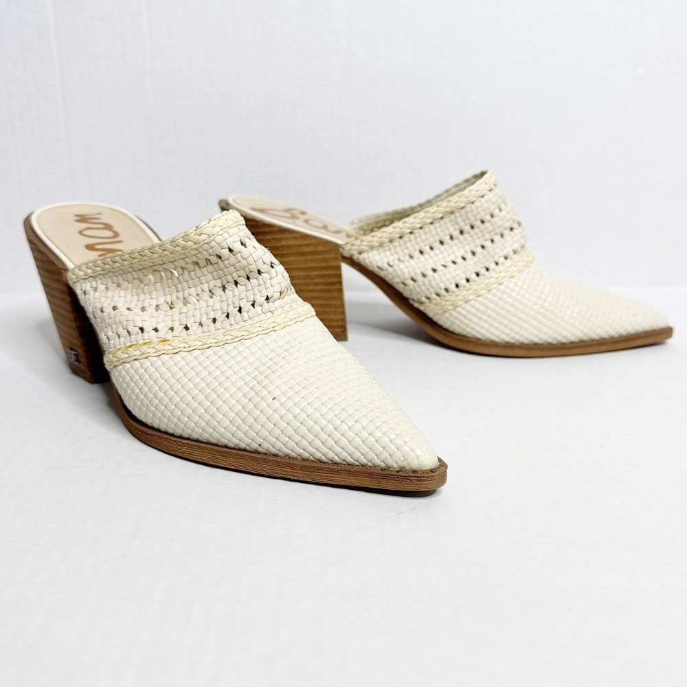 Sam Edelman Janna Cream Woven Raffia Pointed Toe‎ Block Heel Mules Mens 9